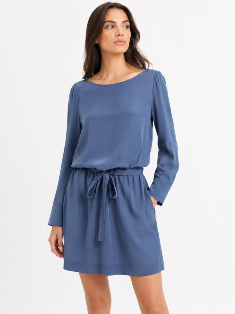 SEE BY CHLOÉ DUSTY BLUE SILK BELTED BLOUSON DRESS - 4